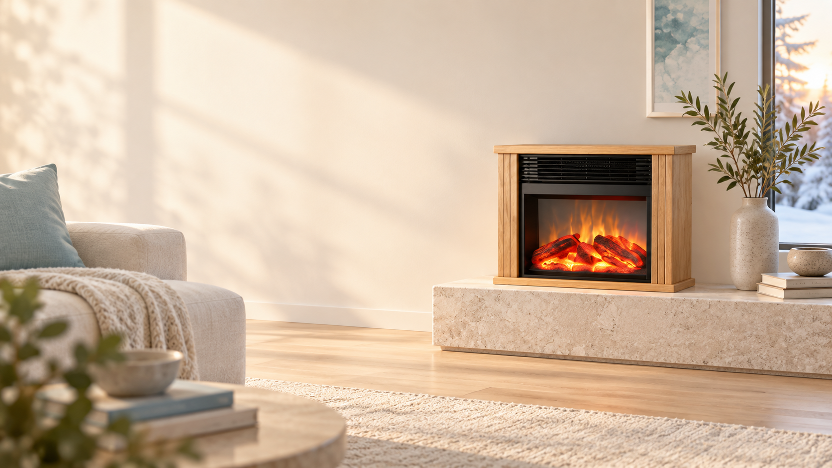 Compact electric fireplace in a warm contemporary living room