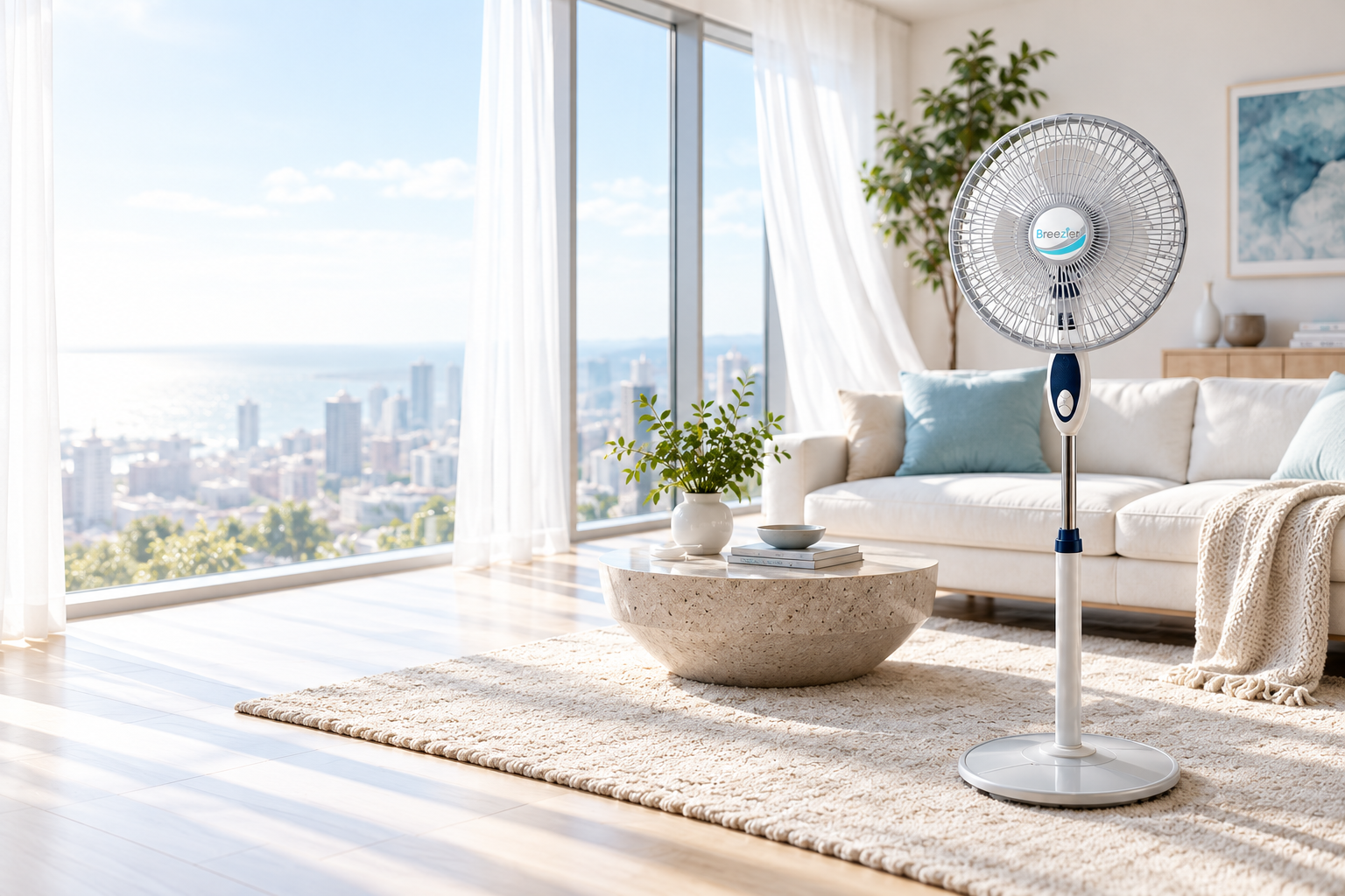 Breezier pedestal fan in a bright contemporary living room